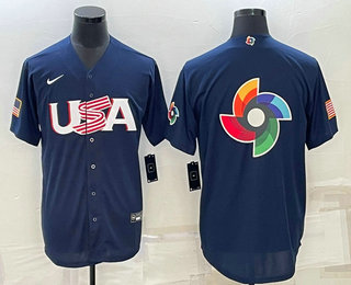 Mens USA Baseball Blank 2023 Navy World Baseball Big Logo Classic Stitched Jerseys
